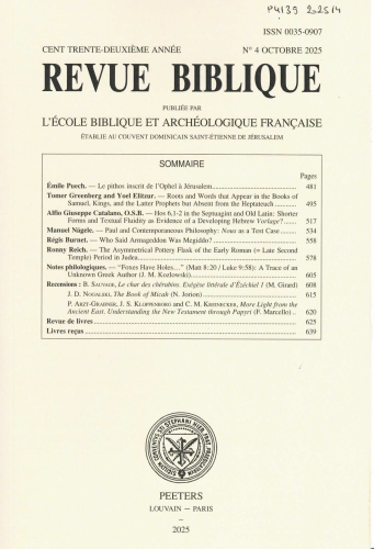 Revue biblique, 2025/4 - Octobre 2025 - Le pithos inscrit de l'Ophel &agrave; J&eacute;rusalem
