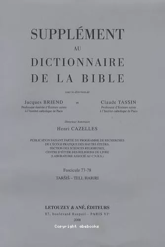 Supplment au dictionnaire de la Bible: TARSIS - TELL HARIRI